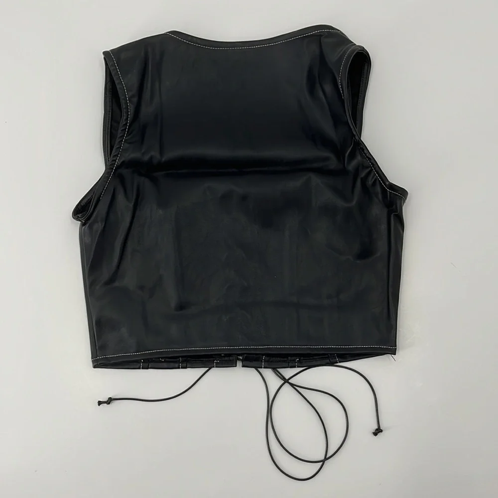 𝅺black Vegan Leather Cropped Tank Corset Lace Up Top Overstitching - Picture 6 of 6